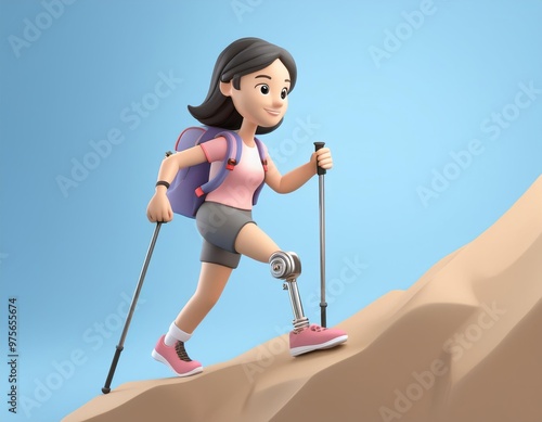 A woman with a prosthetic leg hikes up a hill, 3D illustration