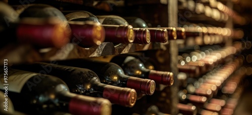 Resting wine bottles stacked on wooden racks in cellar