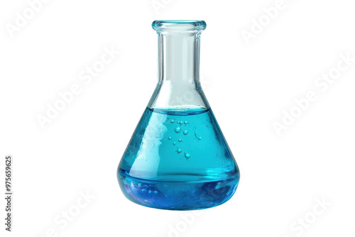 A clear glass flask with blue liquid chemicals and bubbles used in scientific experiments and laboratory research.