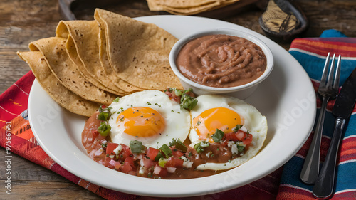 A plate of huevos divorciados with two types of salsa, one red and one green, served with warm corn tortillas and a side of refried beans. 