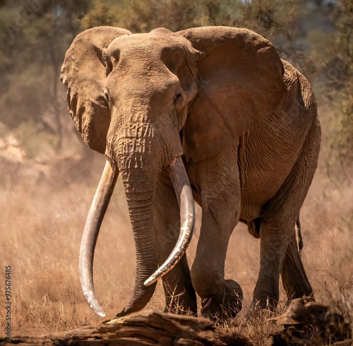 A majestic elephant with long tusks traverses a parched field