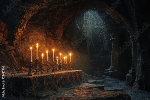 Dimly lit ancient cave with candelabras and cobwebs, creating a mysterious, eerie ambiance.