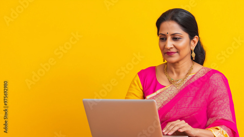 Confident woman in a vibrant pink saree working on a laptop, representing modern technology use while embracing cultural attire. 