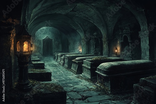 Ancient, dimly lit crypt with stone sarcophagi and a mysterious atmosphere.