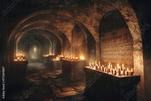 Dimly lit ancient underground crypt with numerous lit candles and stone arches.