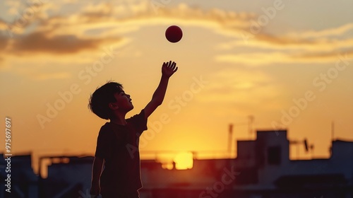 Silhouette of a boy catching a ball on a sunset background