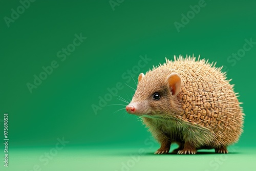 A small brown hedgehog is standing on a green surface