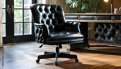 Elegant black leather office chair featuring a tufted backrest and sleek swivel base