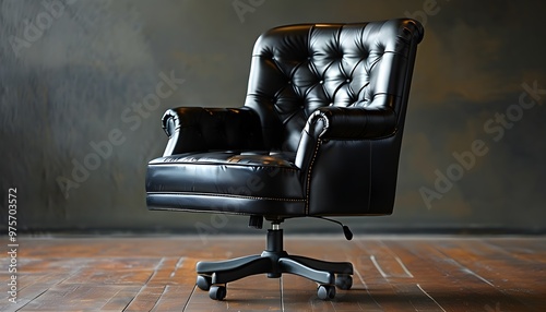 Elegant black leather office chair featuring a tufted backrest and sleek swivel base