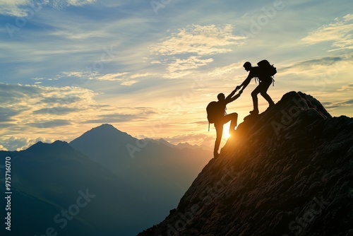 Silhouetted hikers assisting each other while climbing a mountain at sunrise, symbolizing teamwork and determination.