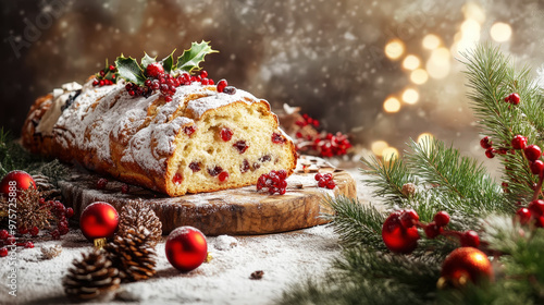 Delicious christmas stollen, creative mess on a table. Christmas festive food. Generative AI