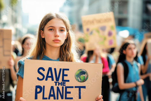 Young girl holding a "Save the Planet" sign at climate protest