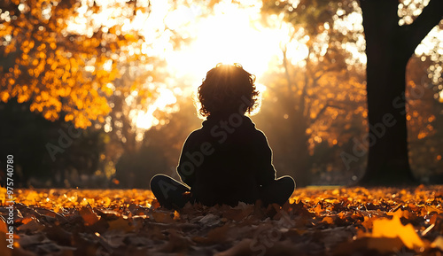 A child sits peacefully in an autumn landscape, surrounded by vibrant leaves and glowing sunlight, embodying tranquility and wonder.