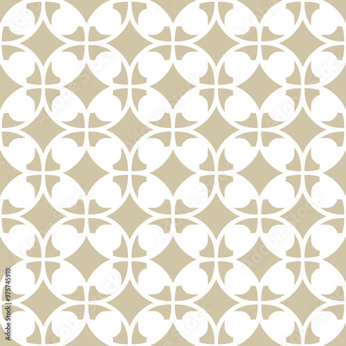 Vector golden seamless pattern in oriental style. Gold and white elegant ornament. Abstract background with floral silhouettes, grid, lattice. Luxury repeated geo design for decor, wallpaper, print