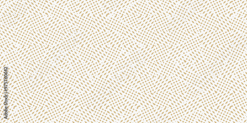 Vector gold and white geometric seamless pattern with small shapes, stripes, rhombuses, squares, crossing lines, dots. Modern abstract geometry. Golden minimal background texture. Repeated geo design