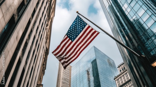 American flag flying high near Wall Street, symbolizing U.S. identity and the center of financial activity and global markets.