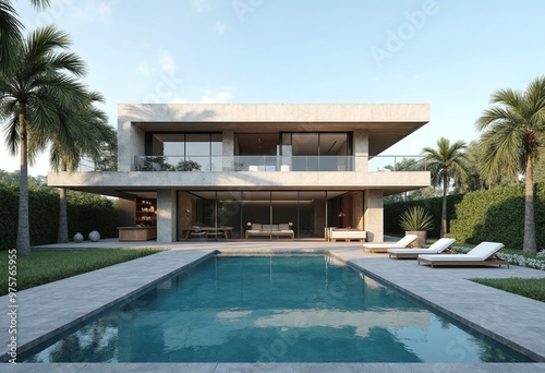 Exterior of amazing modern minimalist cubic villa with large swimming pool among palm trees