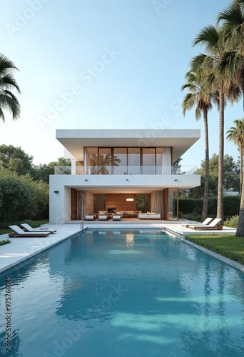 Exterior of amazing modern minimalist cubic villa with large swimming pool among palm trees