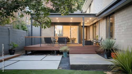 A modern home extension includes a deck, patio and courtyard area. The deck and patio are made of wood and are connected to the house. A large glass window