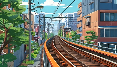 Vibrant Cartoon Street Scene Featuring Elevated Train Tracks in a Bustling Japanese City