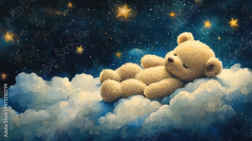 A sleeping teddy bear rests on clouds, surrounded by stars in the night sky, evoking warmth and childhood innocence.