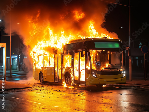 A yellow bus is dramatically engulfed in flames on a city street during nighttime. The fire brightly illuminates the surroundings as smoke billows into the air