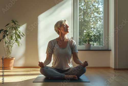 Senior woman is practicing yoga at home, sitting in a lotus position on a mat and doing a breathing exercise