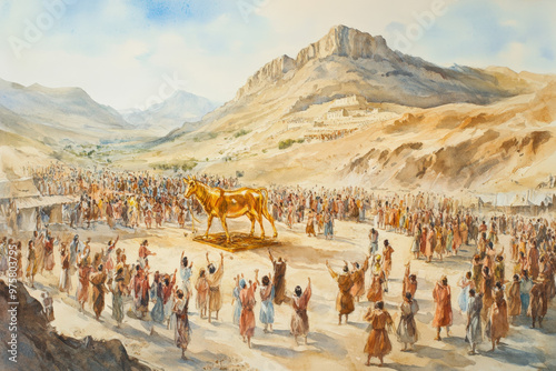 Large crowd is gathered in a valley, worshiping a golden statue of a calf