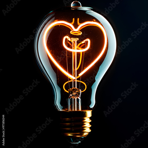 Glowing vintage light bulb with heart-shaped filament on dark background