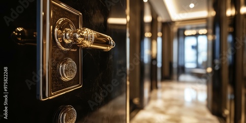 Golden door handle on black door with blurred hallway.