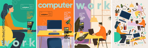 Work in the office and at home on the computer and laptop. Vector abstract illustration of freelance designer, people, man and woman at the workplace at the table, icons, sticker, sign and logo 