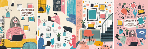 Work in the office at the computer. Sketch. Vector abstract illustration of team, group of people and designer at the workplace at the table, icons for poster, brochure, background or cover