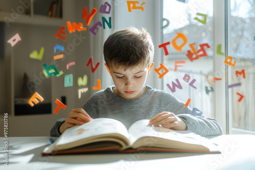 Young boy is reading a book at home with colorful letters floating around him