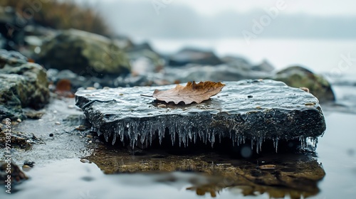  A leaf atop a rock by the water's edge, ice clinging to its sides