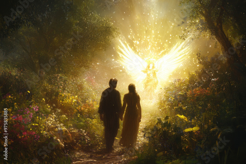 Adam and eve holding hands and leaving the garden of eden, being watched by a glowing angel with large wings