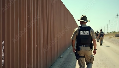 Border patrol officers walking along a corrugated wall border