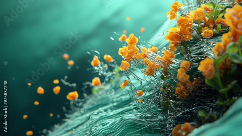  A collection of orange flowers bobbing on a water surface, with droplets clinging to their undersides