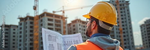 A construction worker reviews blueprints at a building site, showcasing dedication and planning in the construction industry. Perfect for business and architectural themes.