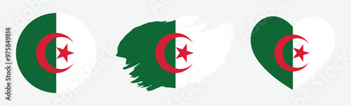 Algeria Round Flag, Algeria flag heart button, flag of Algeria drawn with brush strokes, Algeria flag icon, symbol.