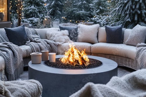 A serene outdoor winter celebration scene with a fire pit surrounded by cozy seating, warm blankets, and hot beverages.