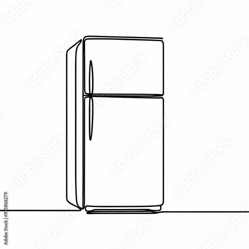 A simple minimalistic continuous unbroken line drawing of a fridge, perfect as a logo or design element for home appliance brands or kitchen design illustrations.