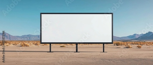 An empty billboard stands in a vast desert landscape under a clear blue sky, offering endless creative possibilities.