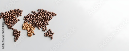 Global Coffee Journey World Map Crafted from Coffee Beans - A Sensory Collage Showcasing Diverse Regions and Unique Blends from Bean to Cup