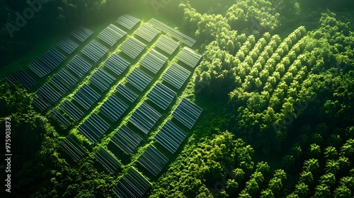 An aerial view of a solar panel farm displays rows of photovoltaic panels surrounded by lush greenery and a dense forest, highlighting sustainable energy and geometric patterns.