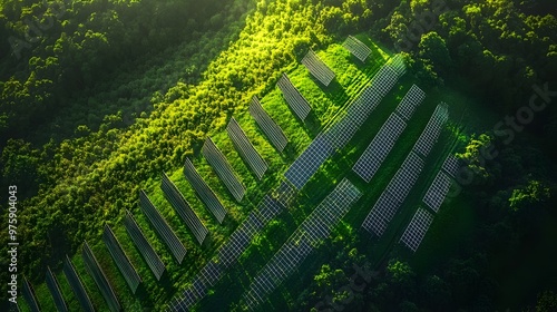 An aerial view of a solar panel farm displays rows of photovoltaic panels surrounded by lush greenery and a dense forest, highlighting sustainable energy and geometric patterns.