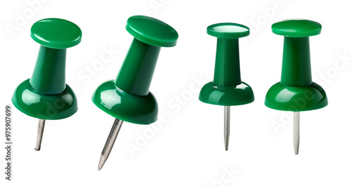 Close-up image of green push pins isolated on white background, perfect for office and school supplies visuals.