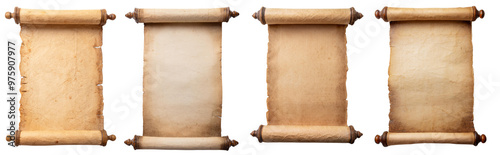 Set of four vintage scrolls in different shades of parchment, perfect for historical documents, invitations, or artistic designs.