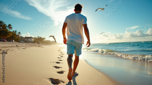 A man is strolling down the beach under a clear blue sky with seagulls flying overhead and waves gently lapping at the shore, capturing the essence of a peaceful and refreshing seaside walk.