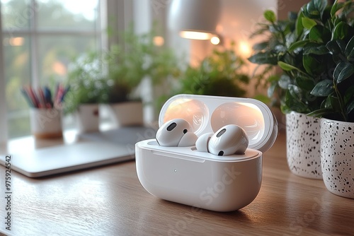 Wireless Earbuds in Charging Case on a Wooden Table