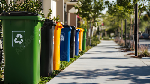 A close-up view of a residential area showing different colored bins for paper, plastic, glass, and compostable waste